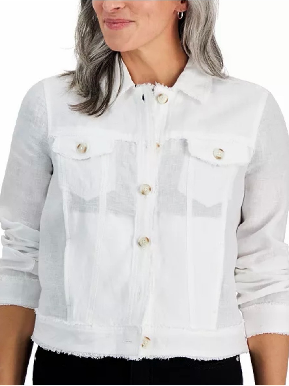 NWT $100 100% linen Charter Club White Frayed-Trim Jacket - Picture 2 of 10